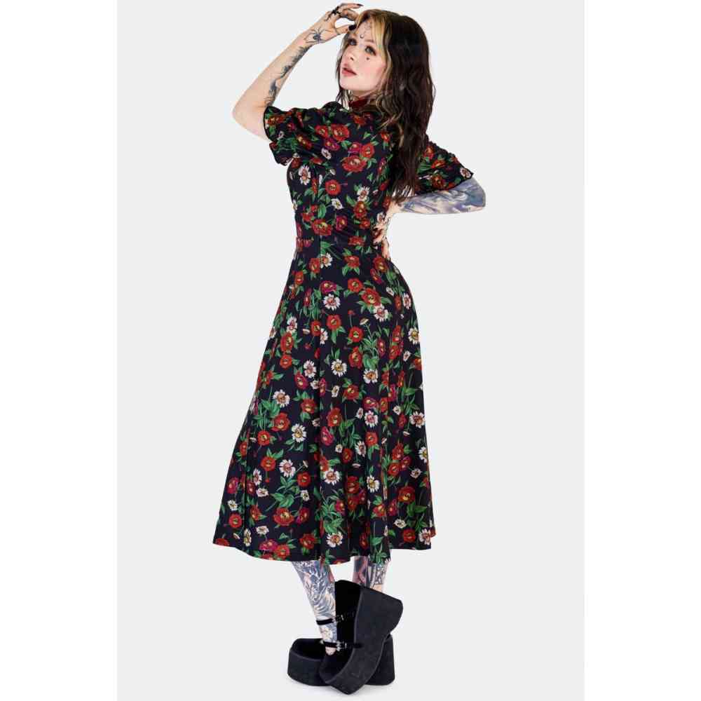 Jawbreaker - Skull Flower Midi Tea Long dress - Black